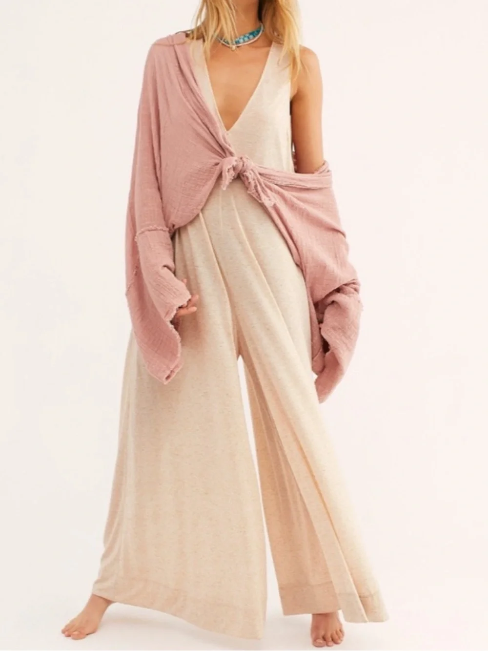 FREE PEOPLE BEACH Fulton Jumpsuit Wide Leg Romper Oatmeal Size L